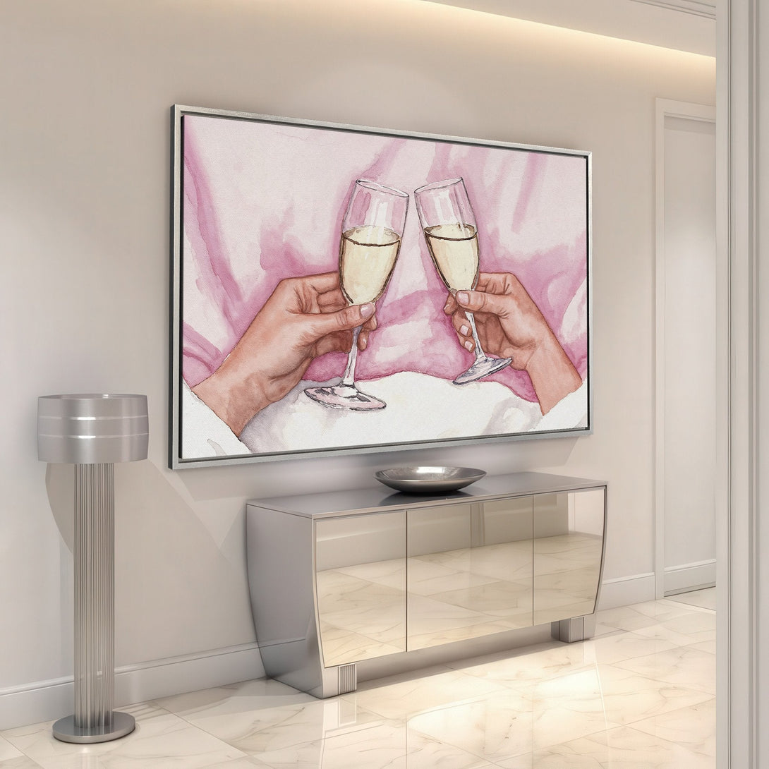 Framed Wall Art featuring champagne glasses, watercolor style, in a pink and neutral color palette. Perfect for adding a touch of elegance to your space.