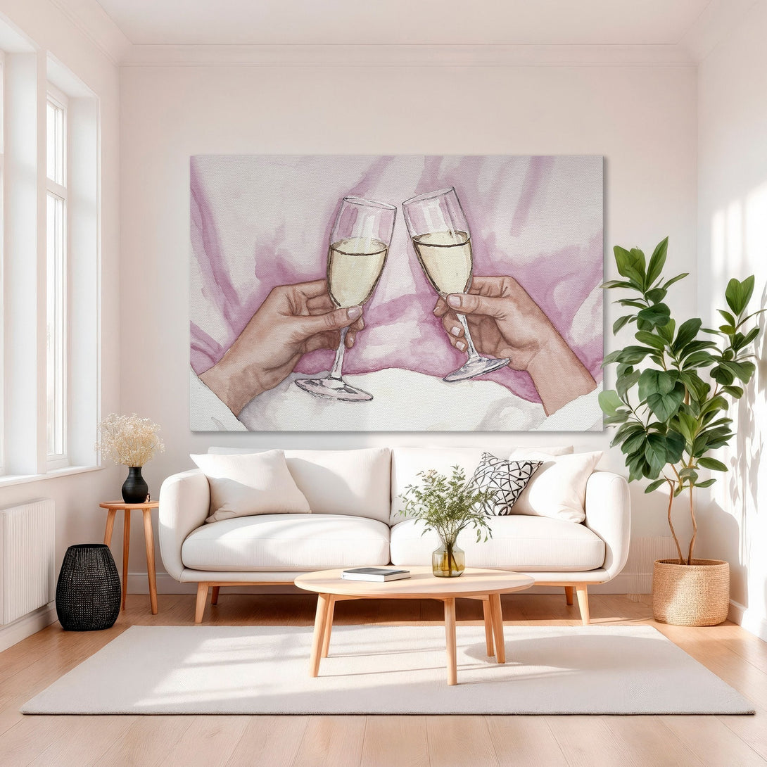 Framed Wall Art: Watercolor champagne toast in pink & gold. Elegant artwork for home decor. Modern art print with a touch of luxury.