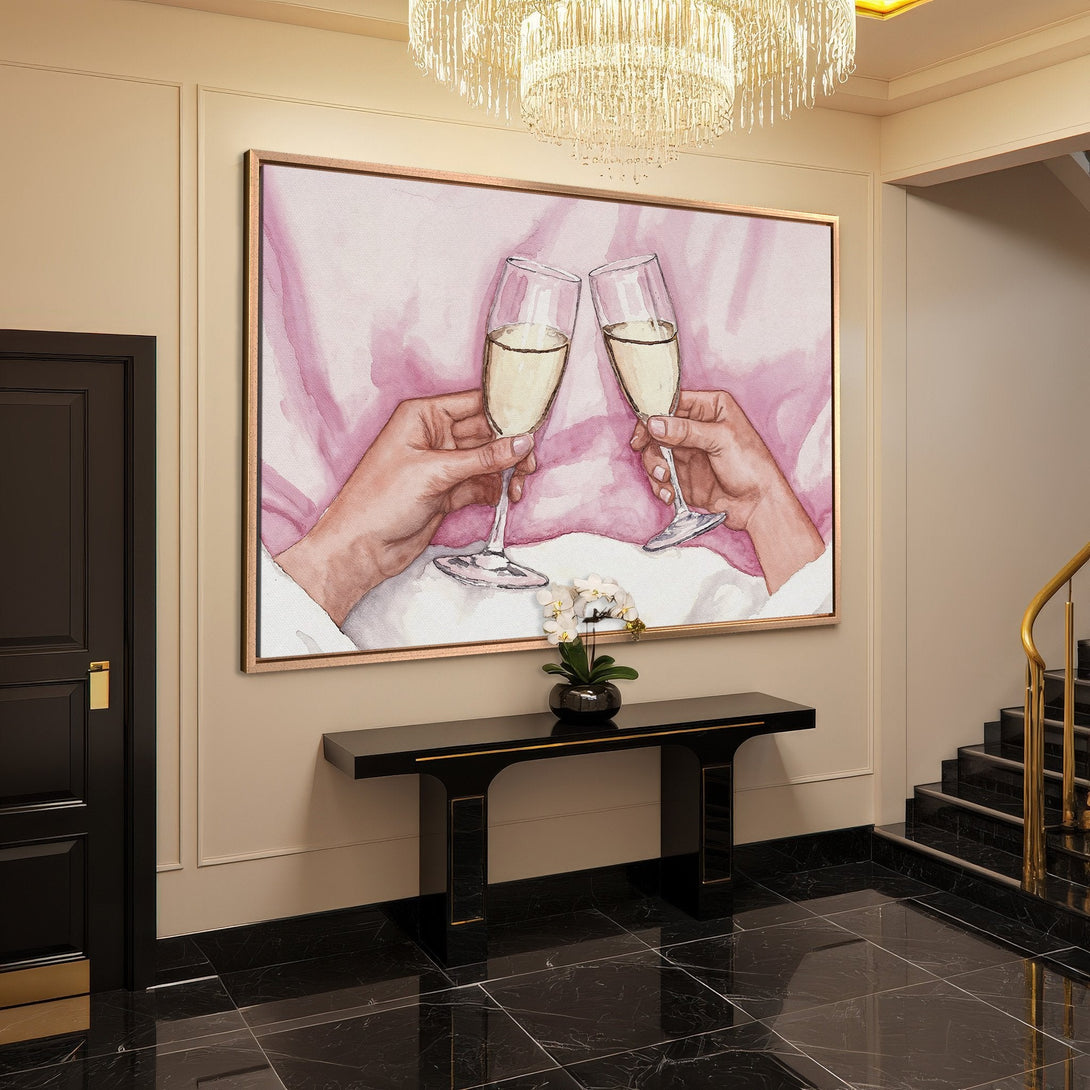 Framed Wall Art: Watercolor champagne toast in a luxury interior. Pink and gold tones create an elegant, celebratory vibe. Perfect for home decor.