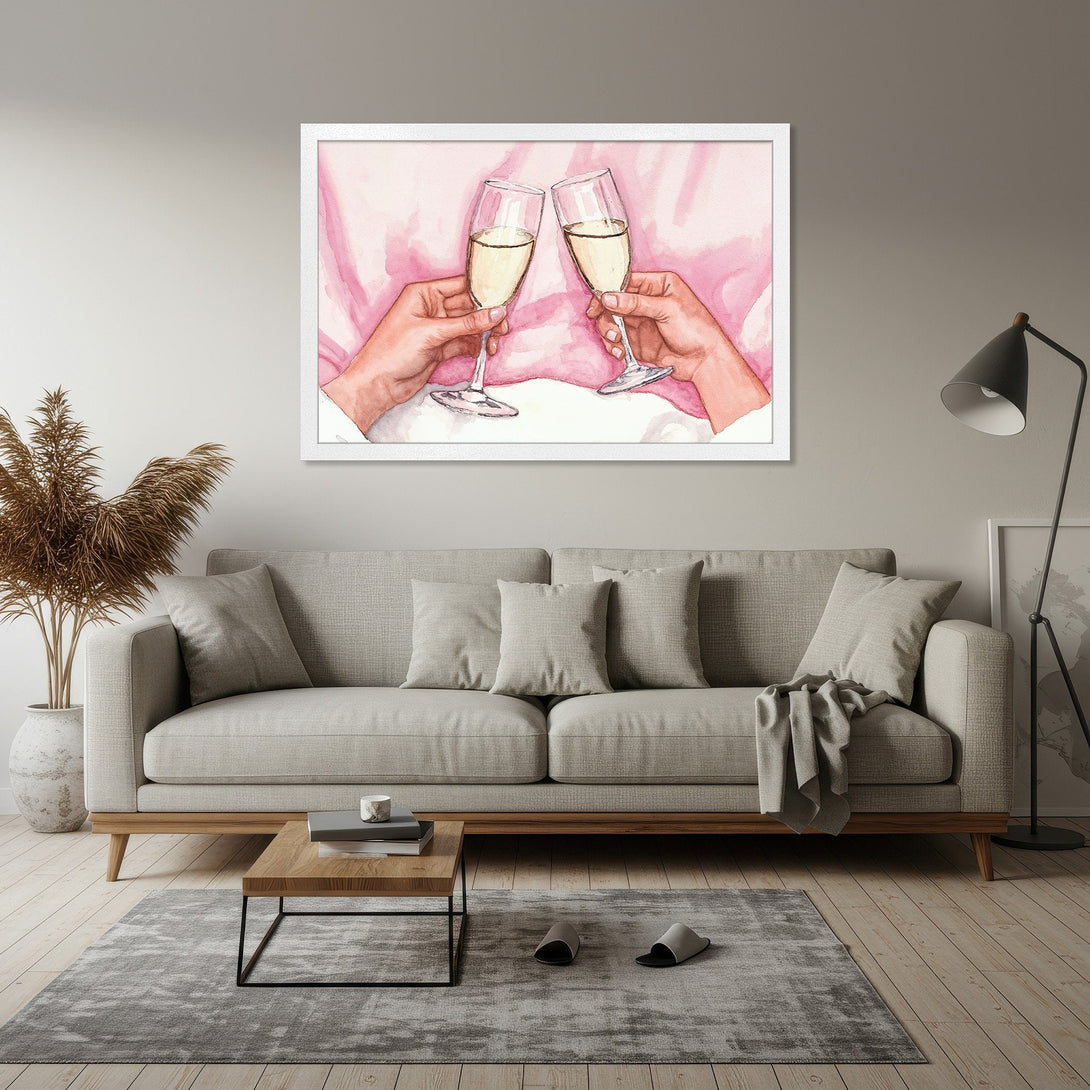 Framed Poster featuring watercolor art of champagne toast. Soft pink and neutral color palette, perfect for home decor.