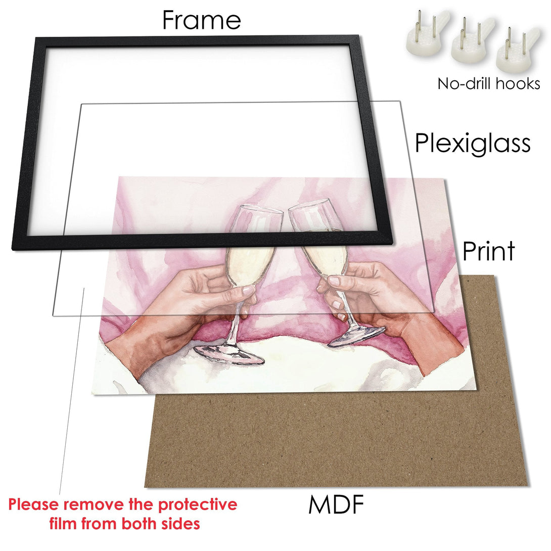 Framed Poster featuring watercolor art of champagne toast. Soft pink palette, perfect for home decor.