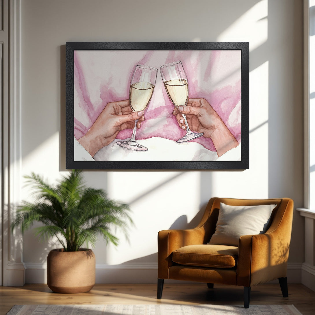 Framed Poster featuring watercolor champagne toast art in pink and beige tones. Perfect for home decor!