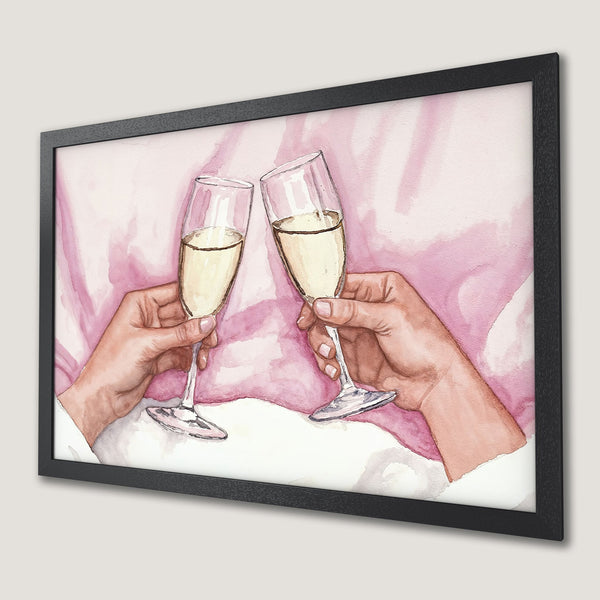 Framed Poster of watercolor champagne toast art in pink and neutral tones. Perfect for home decor!