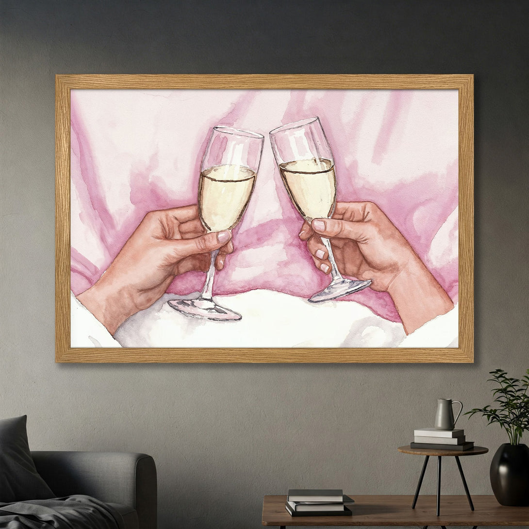 Framed Poster of champagne toast watercolor art in pink & neutral tones. Perfect wall decor for your home!