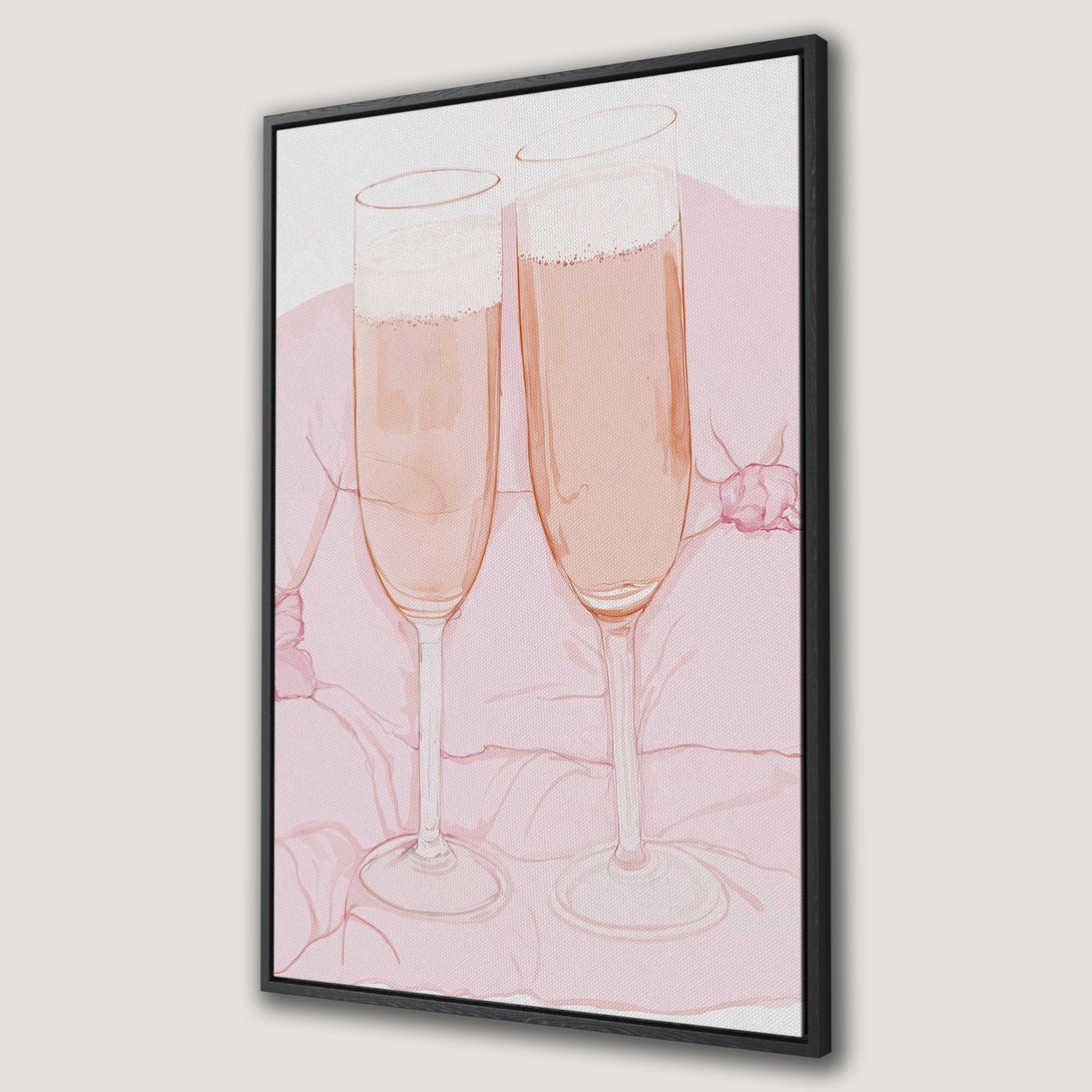 Framed Wall Art featuring a watercolor illustration of champagne flutes in a blush pink color palette. Perfect for adding a touch of elegance to any space.
