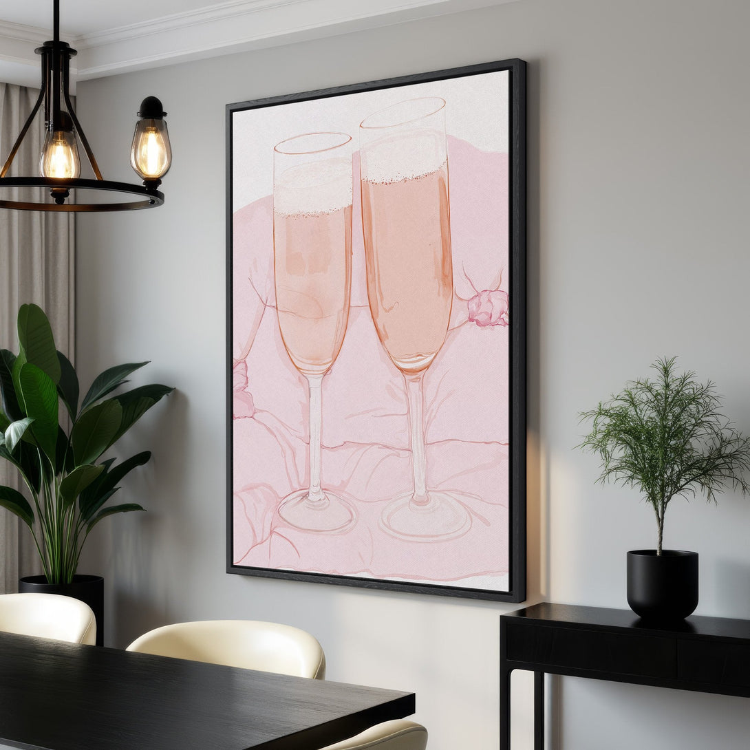 Framed Wall Art: Watercolor champagne flutes in soft pink tones. Modern, elegant Canvas Print for dining room or home decor.