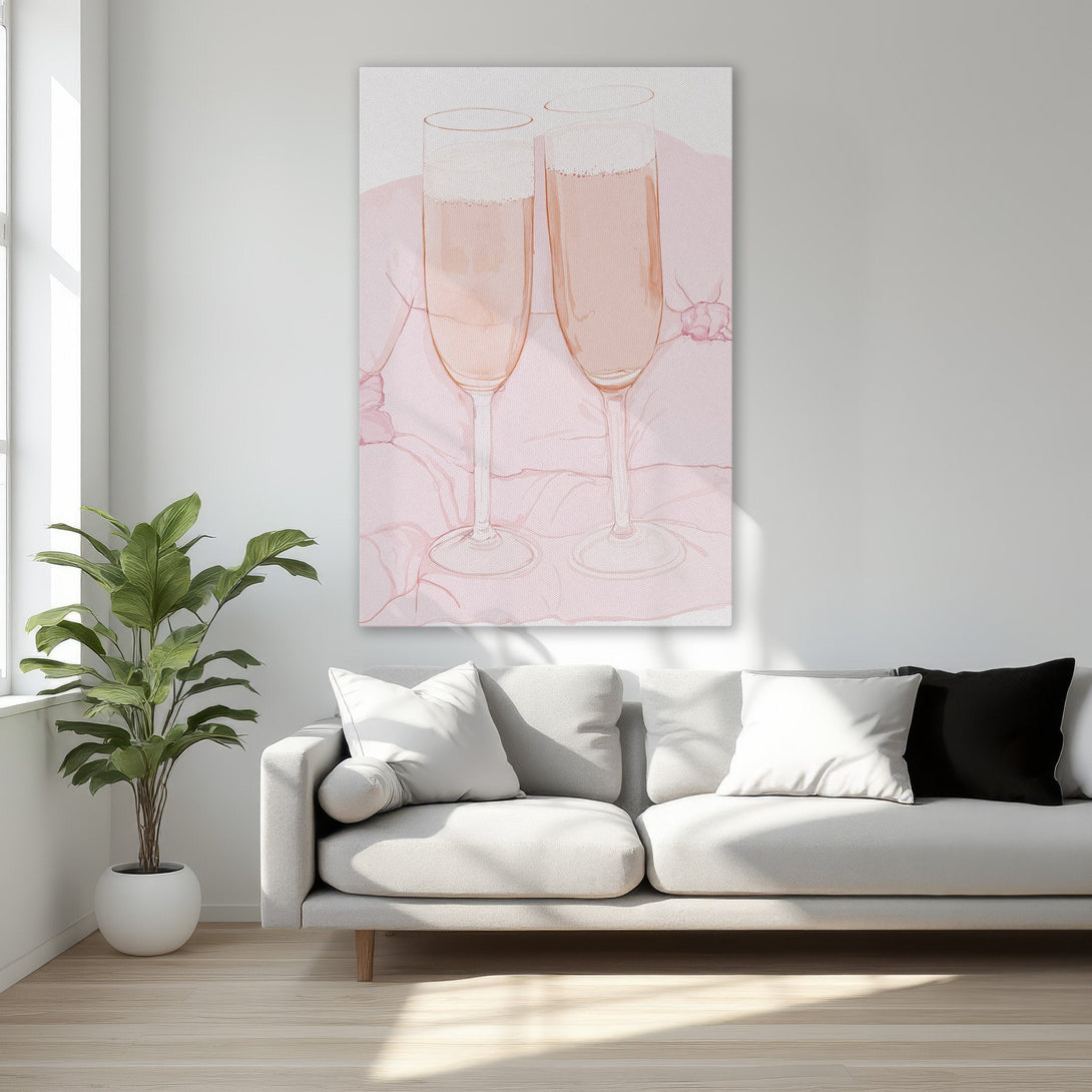 Framed Wall Art featuring champagne glasses in a blush pink watercolor style. Elegant artwork for bedroom decor, with a soft, romantic color palette.