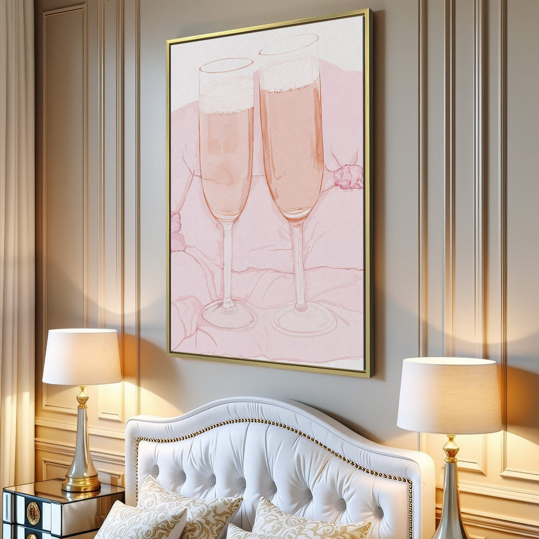 Canvas Print of champagne flutes in a modern style, soft pink palette. Perfect wall art for a touch of elegance and sophistication.