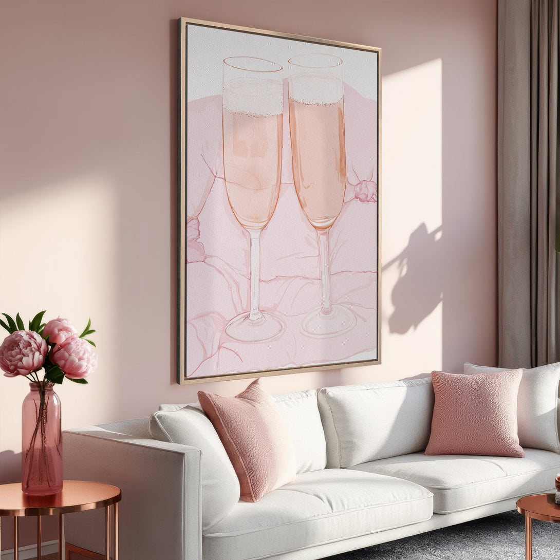 Framed Wall Art featuring champagne glasses in a watercolor style, with a soft pink color palette. Perfect for adding a touch of elegance to any space.