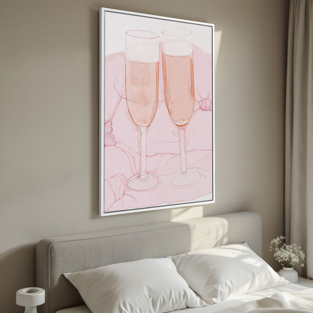 Framed Wall Art featuring champagne flutes in a watercolor style with a soft pink and peach color palette, perfect for adding a touch of elegance.