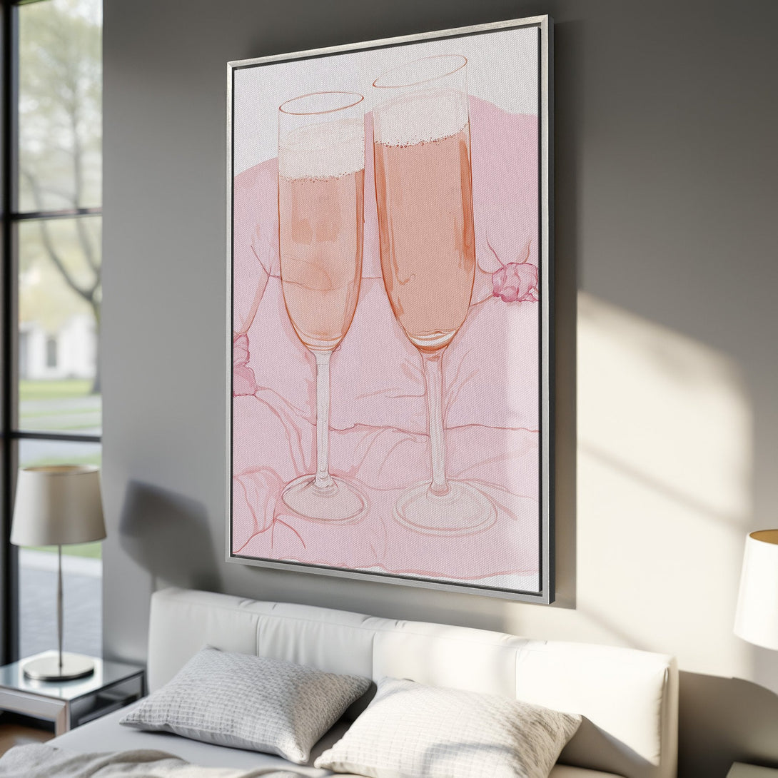 Framed Wall Art featuring watercolor champagne flutes in a soft pink palette. Perfect for adding a touch of elegance and romance to your bedroom decor.