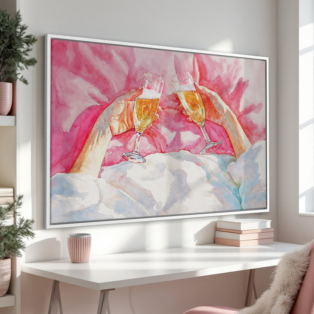Framed Wall Art: Watercolor painting of champagne toast, featuring pink & white tones. Perfect for adding a touch of elegance to your home decor.