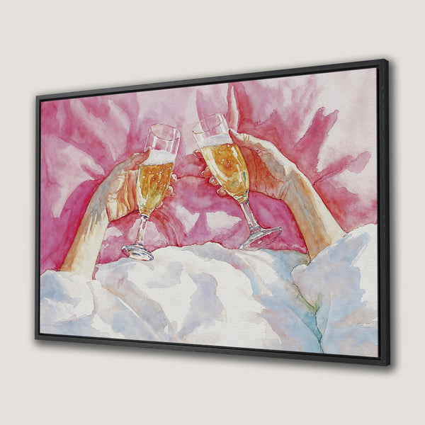Framed Wall Art of watercolor champagne toast. Romantic art with pink, gold, and blue hues. Perfect for bedroom or living room decor.