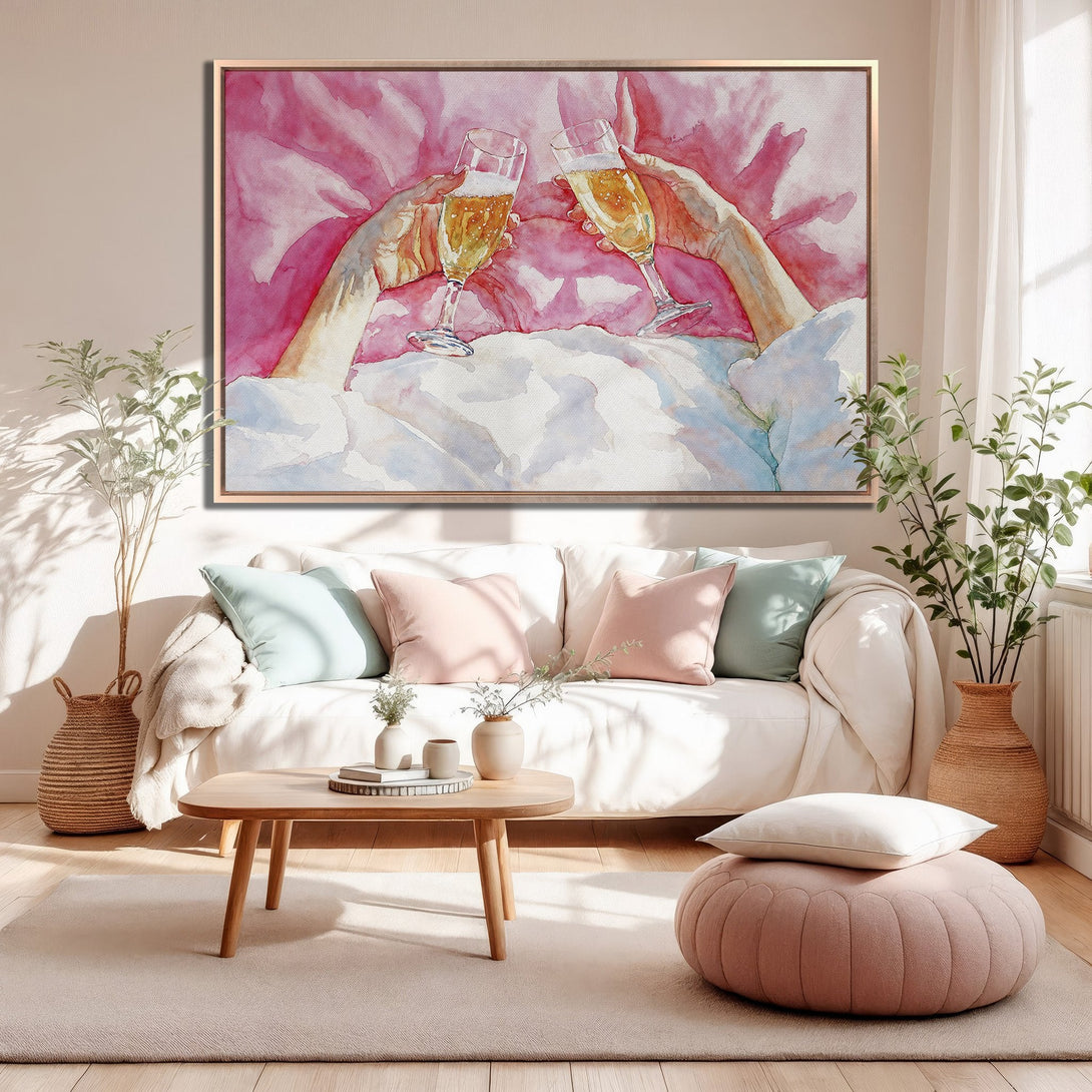 Framed Wall Art featuring a watercolor painting of champagne flutes. Soft pink and white color palette, perfect for adding a touch of elegance to your living room.