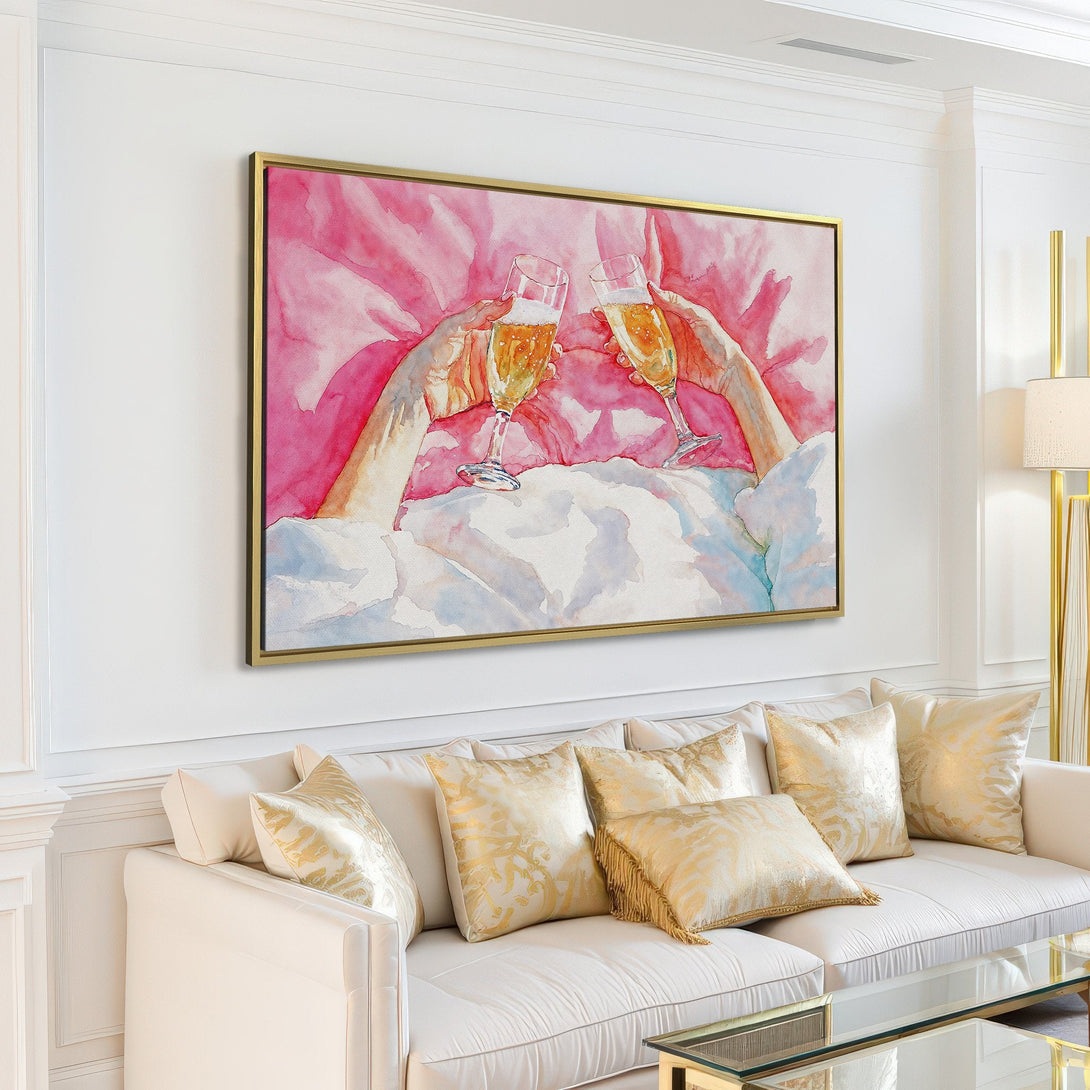 Canvas Print of champagne toast watercolor art in a pink and white palette, perfect for adding a touch of elegance to your living room.