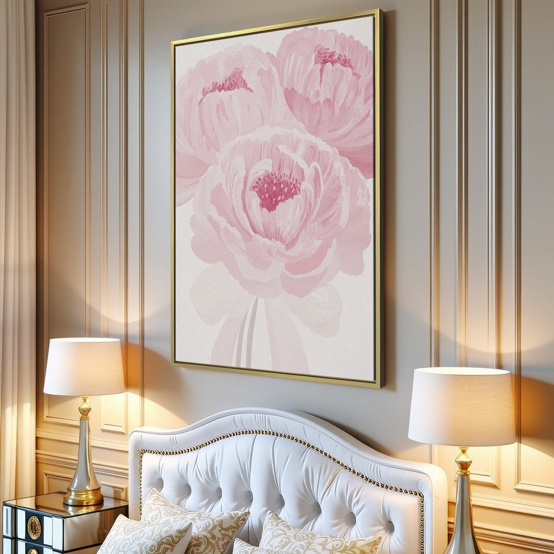 Canvas Print featuring watercolor peony flowers in soft pink hues, perfect for adding a touch of elegance to any space.