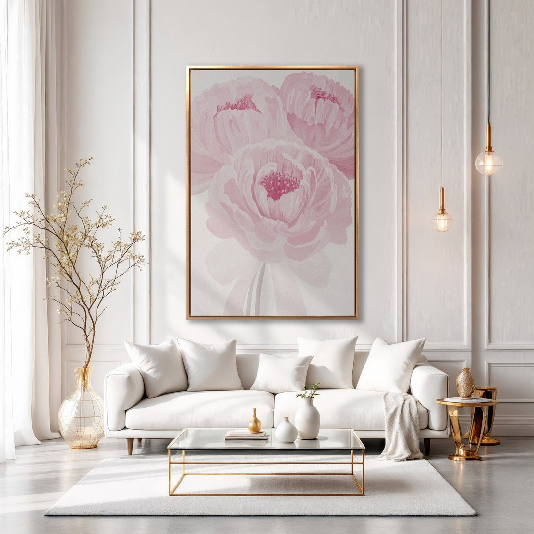 Framed Wall Art featuring elegant pink peony floral art. Modern, minimalist style with a soft, blush color palette. Perfect for adding a touch of luxury.