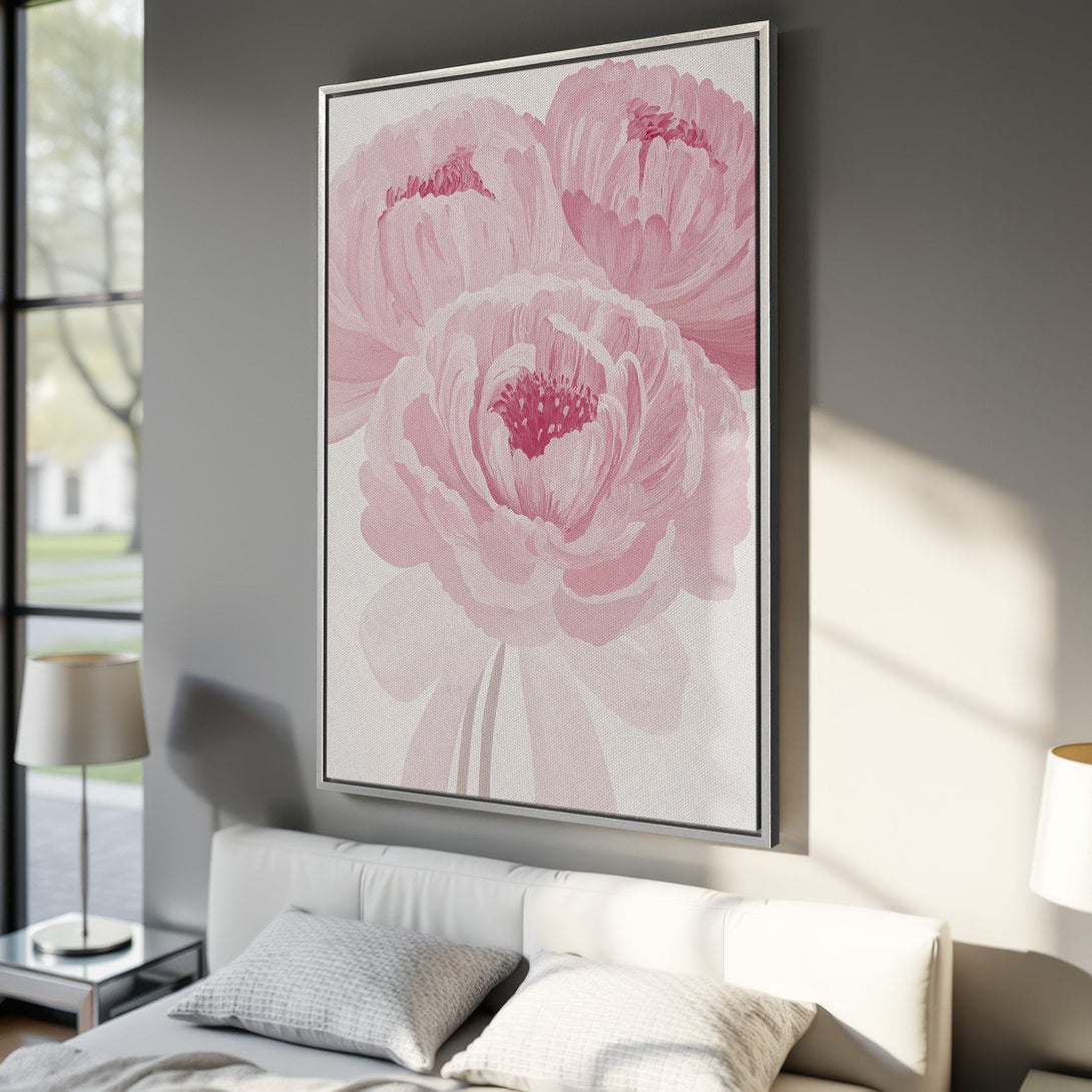 Framed Wall Art featuring elegant pink peony flowers. Soft, watercolor style with a delicate pink and white color palette, perfect for adding a touch of floral beauty.