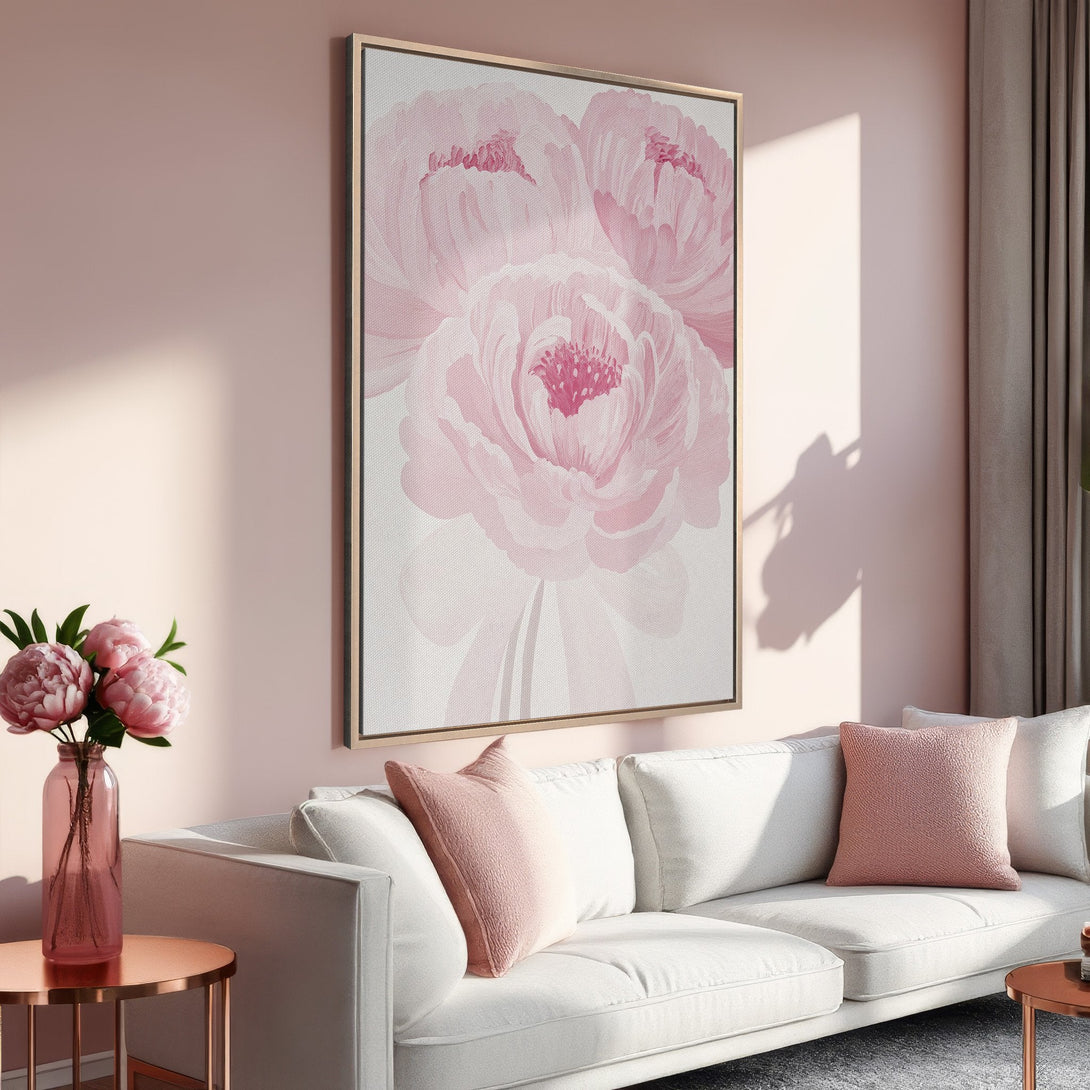 Framed Wall Art featuring delicate pink peony flowers. Soft, romantic style with a blush and neutral color palette. Perfect for adding elegance to any space.