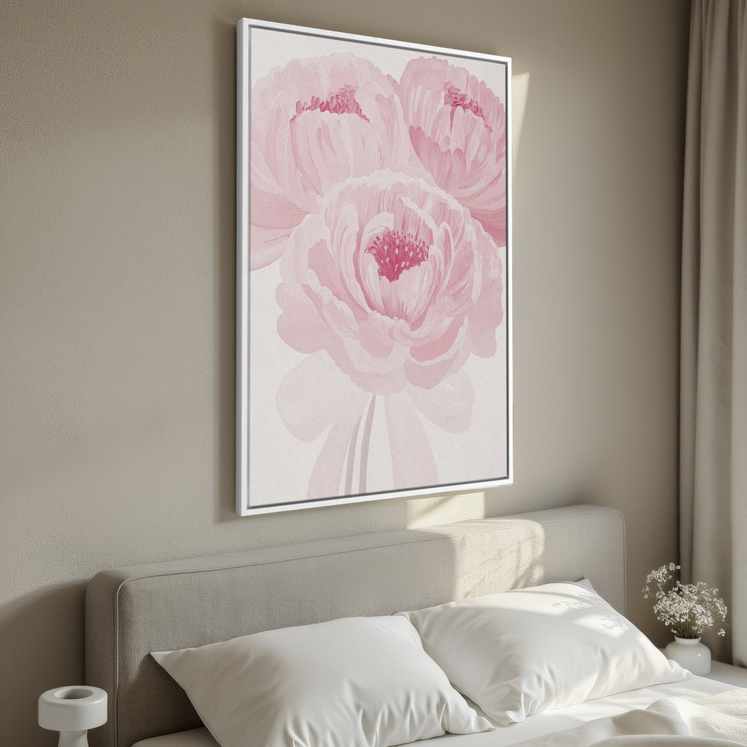 Framed Wall Art: Delicate pink peony canvas print, a beautiful floral artwork in a soft, romantic style. Perfect bedroom decor with a calming color palette.