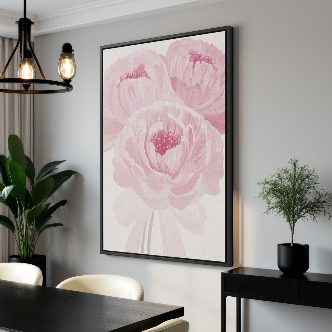 Framed Wall Art of pink watercolor peonies, perfect for adding a touch of floral elegance to your home decor. Soft pink color palette.