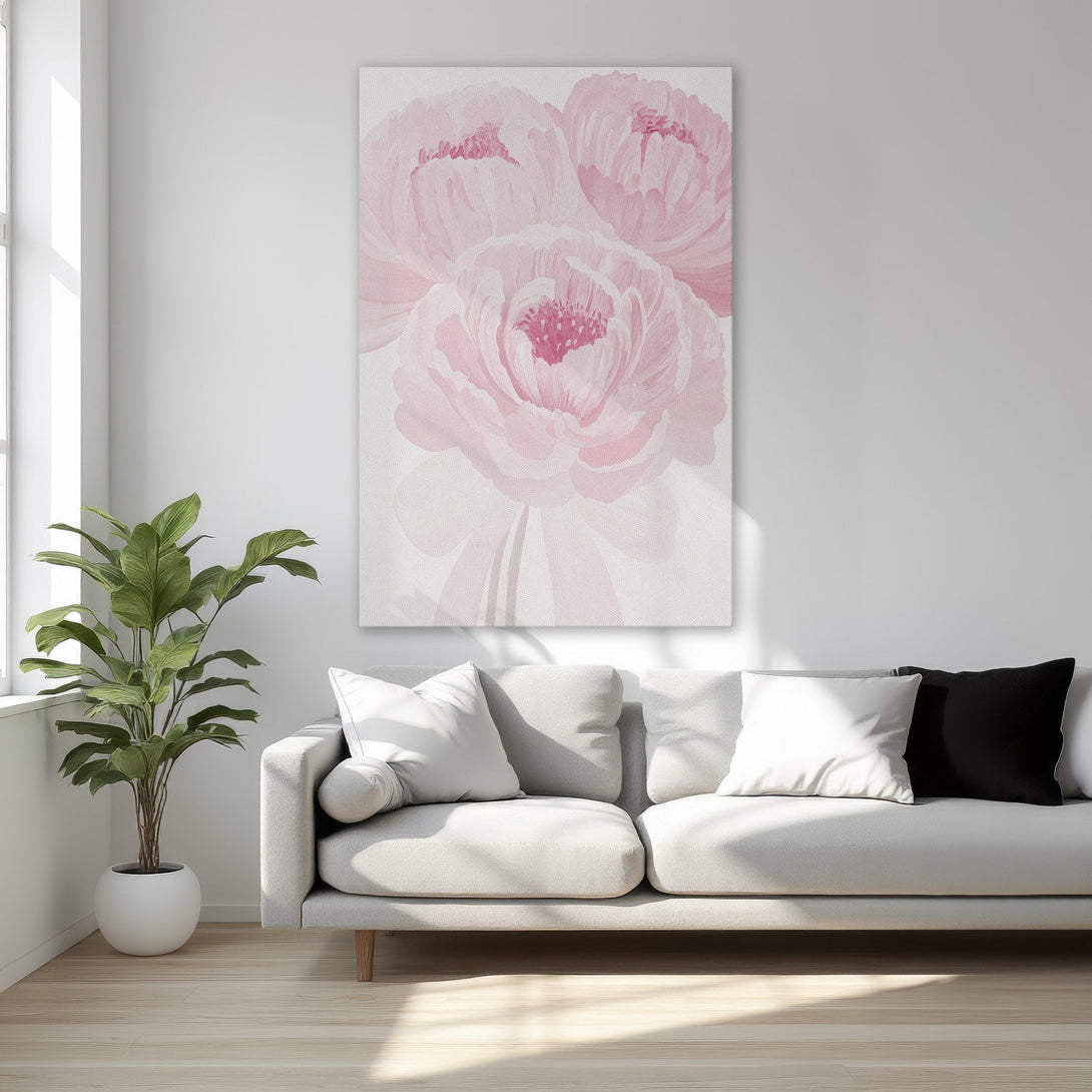 Framed Wall Art featuring elegant pink peony flowers, perfect for adding a touch of floral beauty to any space. Soft pink palette, ideal for bedrooms.