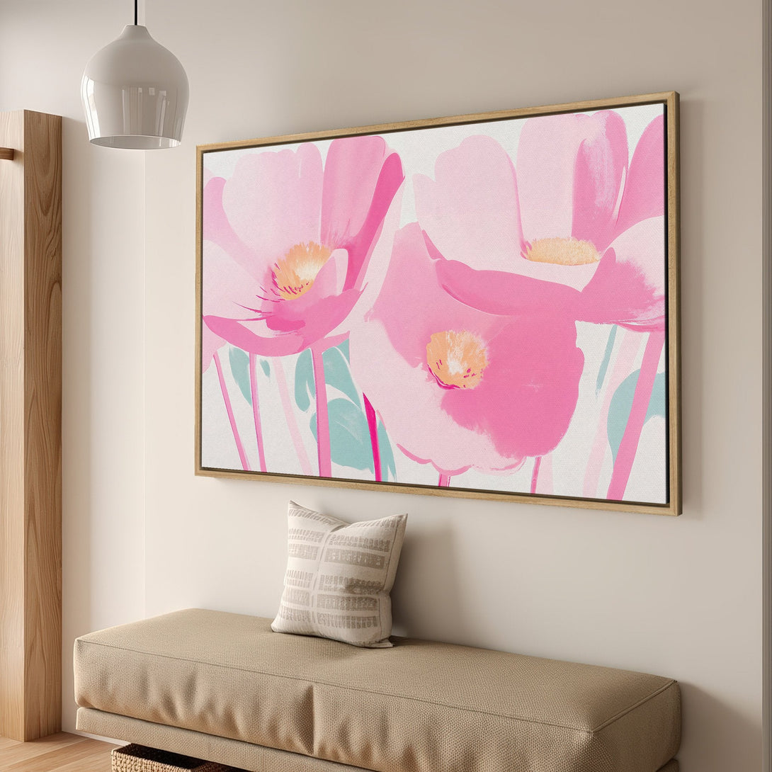 Framed Wall Art: Abstract floral painting in pink and peach hues. Modern art for a pop of color. Shop now!