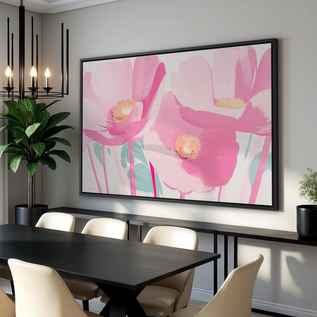 Framed Wall Art featuring abstract pink floral art. Modern style, soft pink and neutral color palette, perfect for adding a touch of elegance to any space.