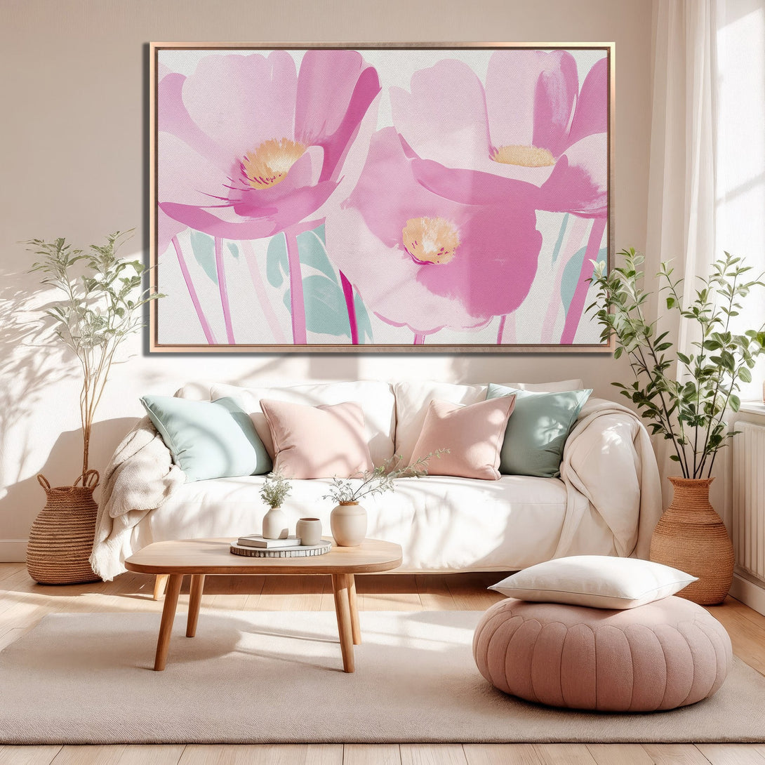 Framed Wall Art: Abstract pink floral canvas print in a modern living room. Soft pink and neutral color palette, perfect for home decor.