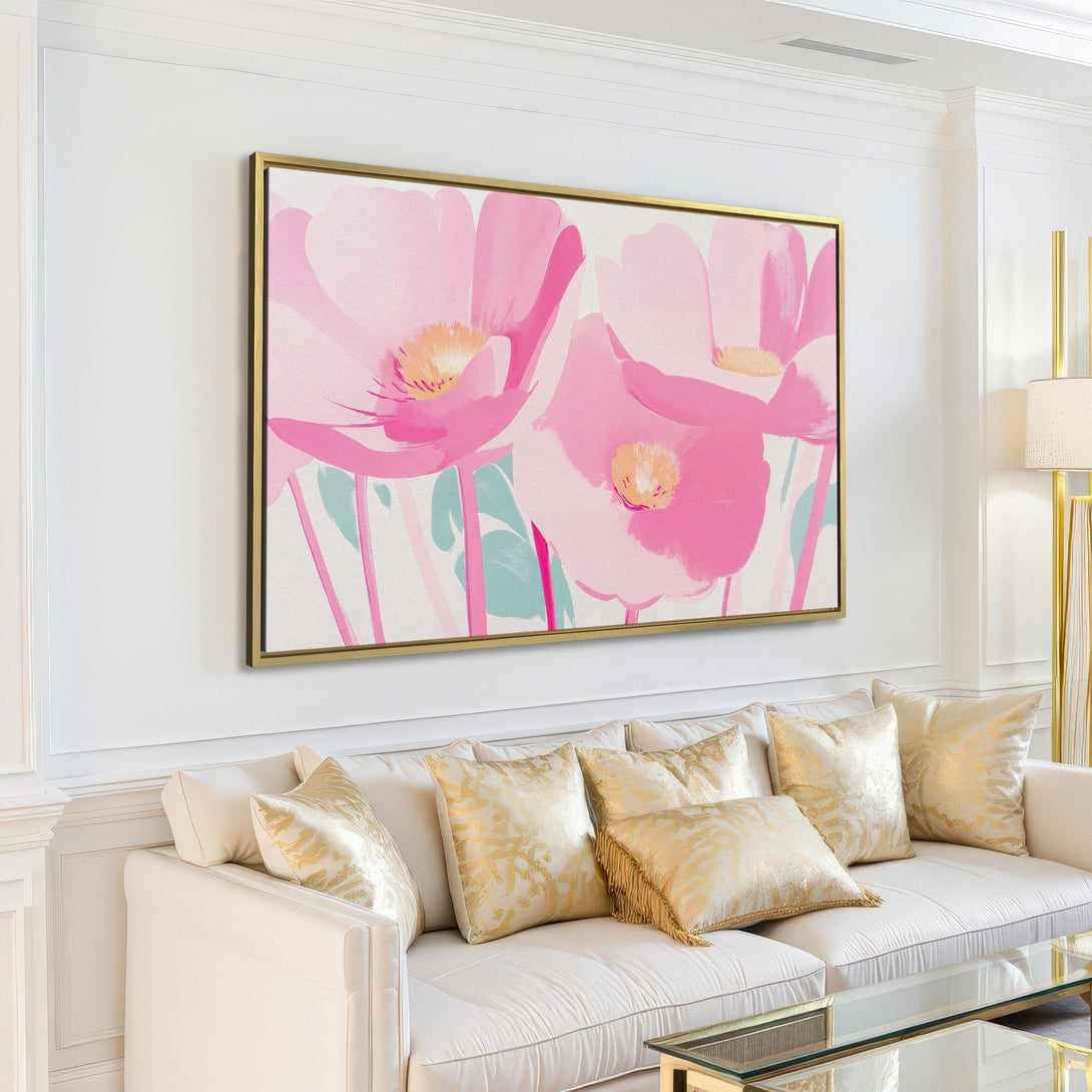 Canvas Print of pink floral art, adding a touch of elegance to a modern living room. Soft pink and white color palette.