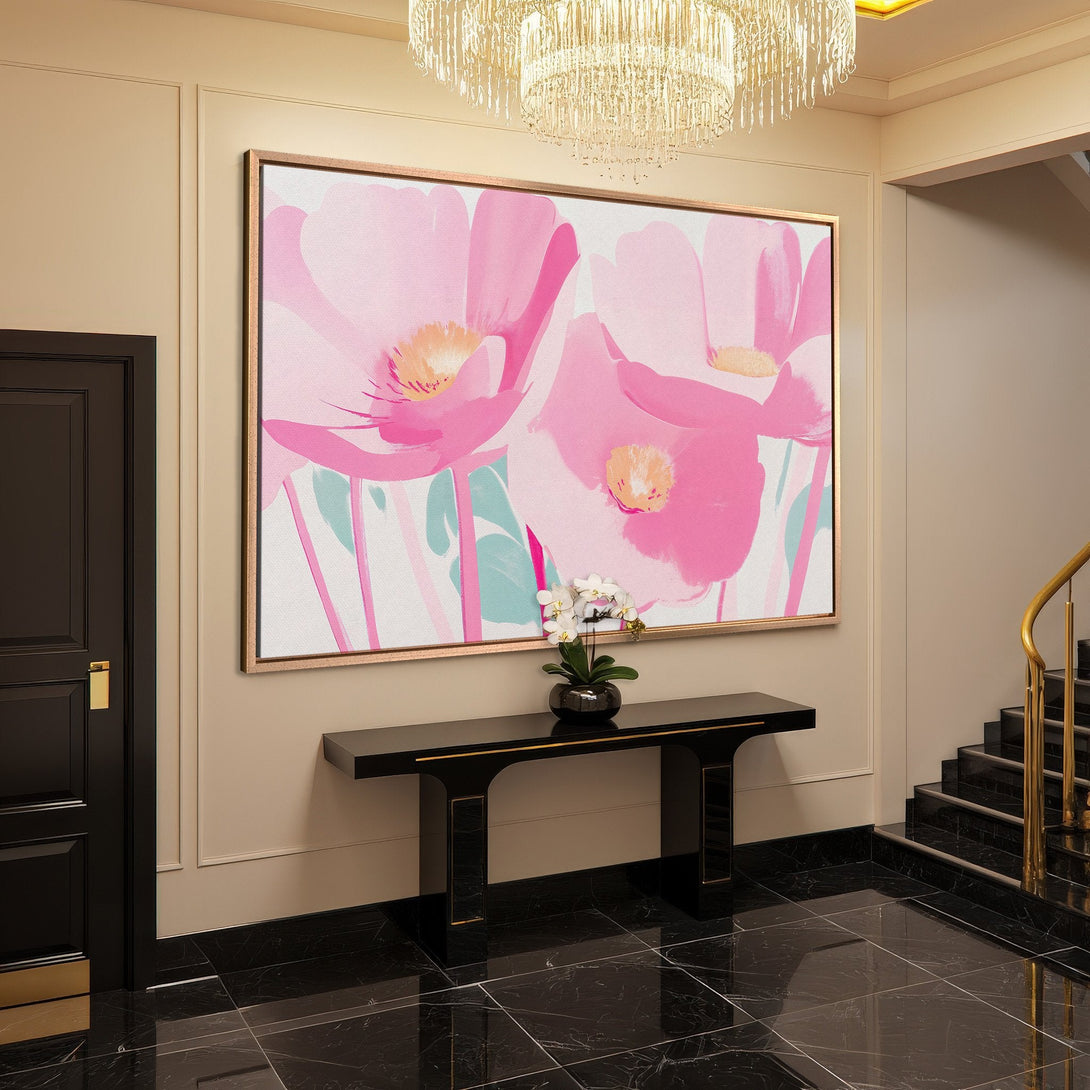 Framed Wall Art: Abstract floral canvas print in pink and white, adding a touch of elegance to any interior. Modern art for your home decor.