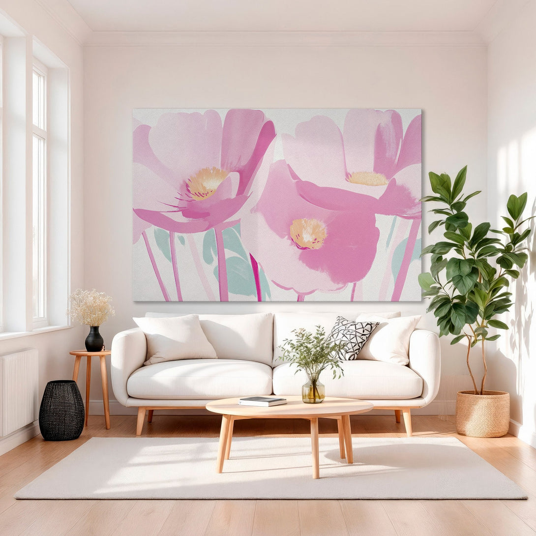 Framed Wall Art featuring vibrant pink floral painting. Modern style with a soft, pastel color palette. Perfect for adding a touch of elegance to any space.