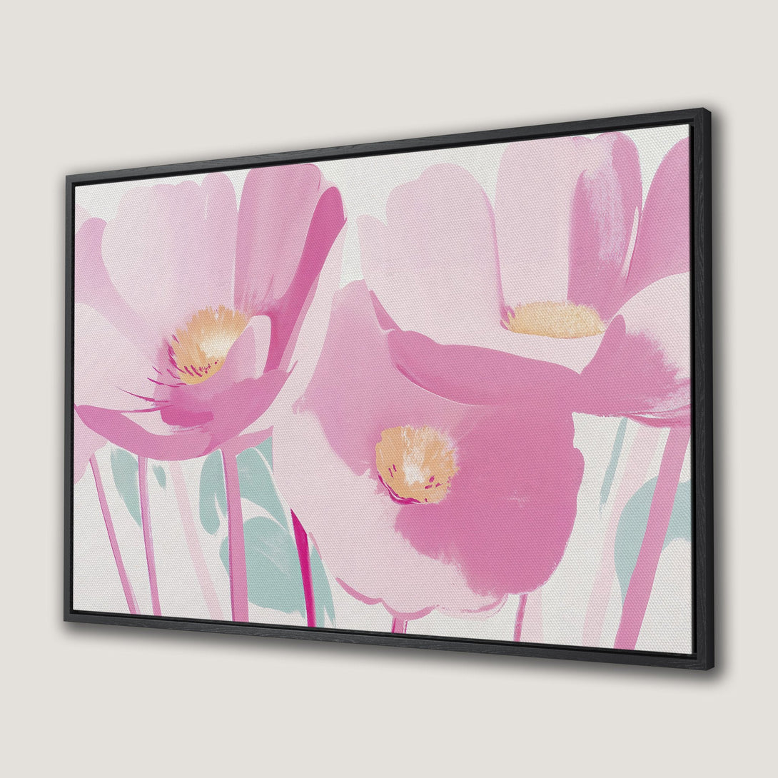 Framed Wall Art featuring abstract pink floral art. Modern canvas print with a soft pink and white color palette, perfect for adding a touch of elegance.