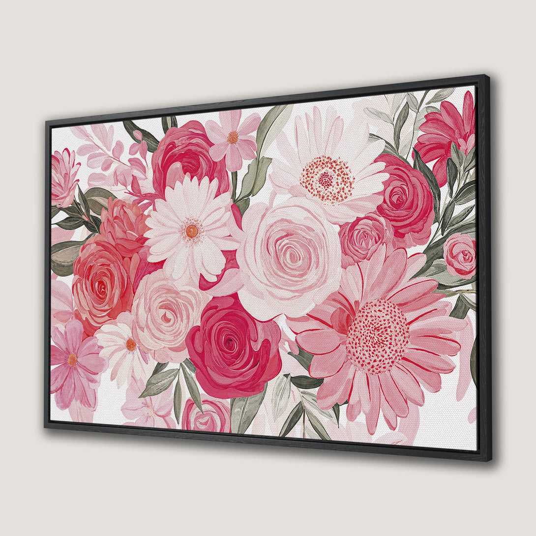 Framed Wall Art featuring a watercolor floral arrangement in shades of pink and red. Perfect for adding a touch of elegance to any room.