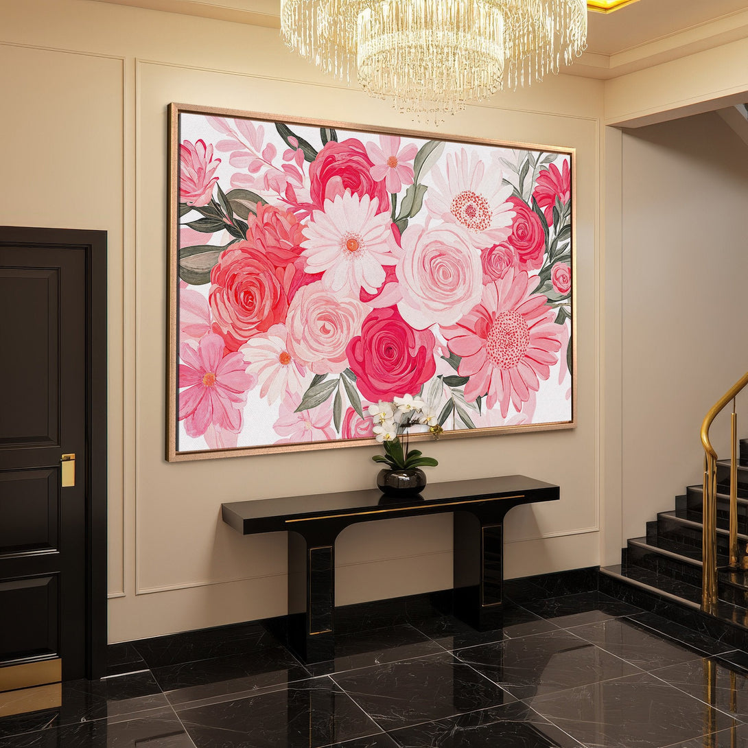 Framed Wall Art: Watercolor floral Canvas Print in pink and red hues. Perfect for adding a touch of elegance and color to any interior space.