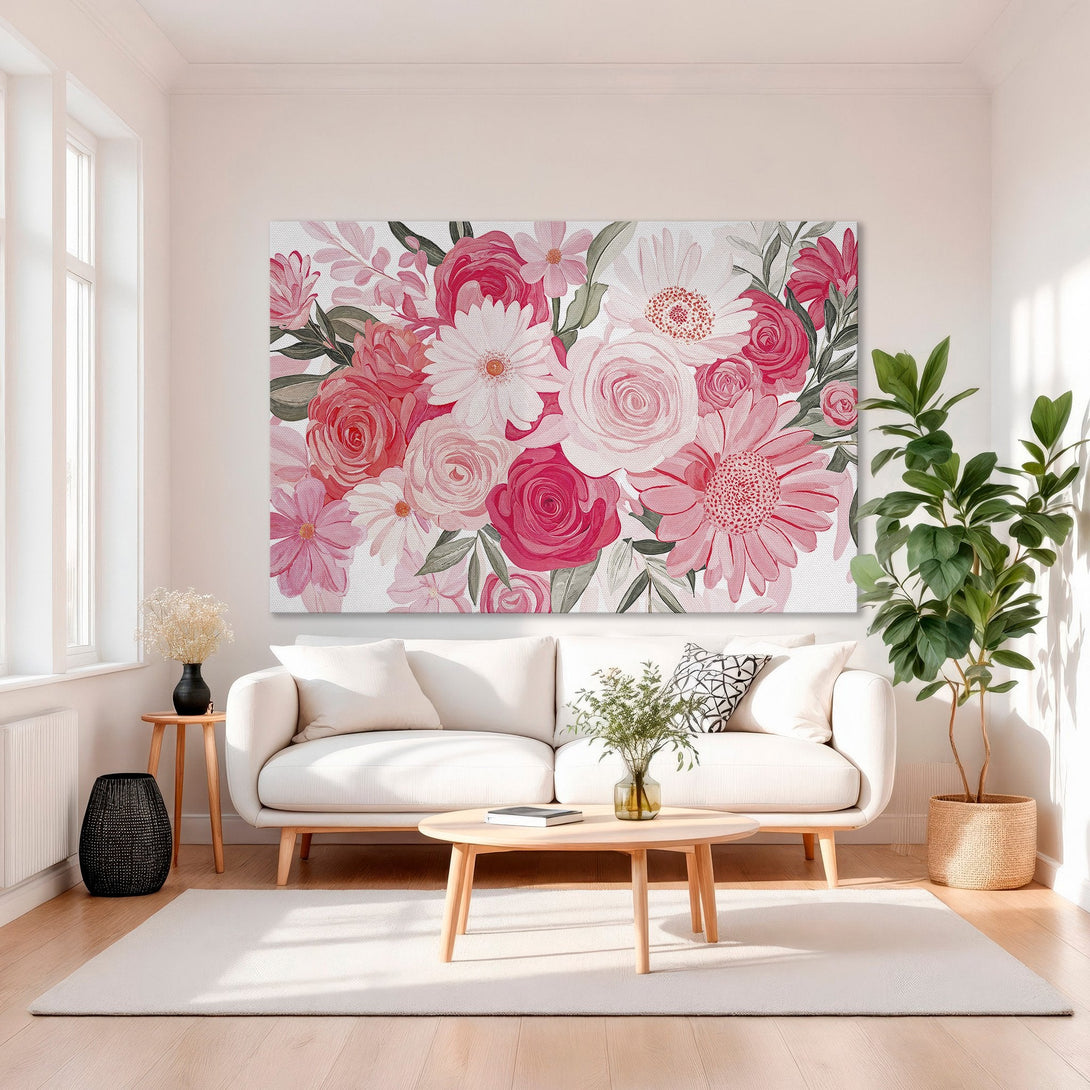 Framed Wall Art featuring a vibrant floral bouquet in pink and red hues. Adds a touch of elegance & color to any space. Perfect home decor accent.