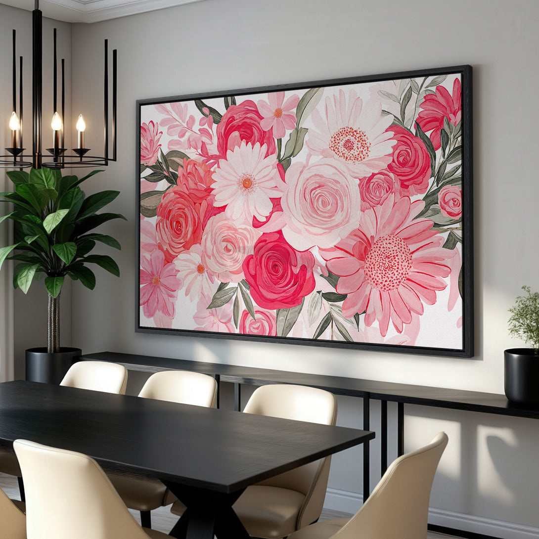 Framed Wall Art featuring a vibrant floral watercolor design in pink and red hues. Perfect for adding a touch of elegance to any interior space.