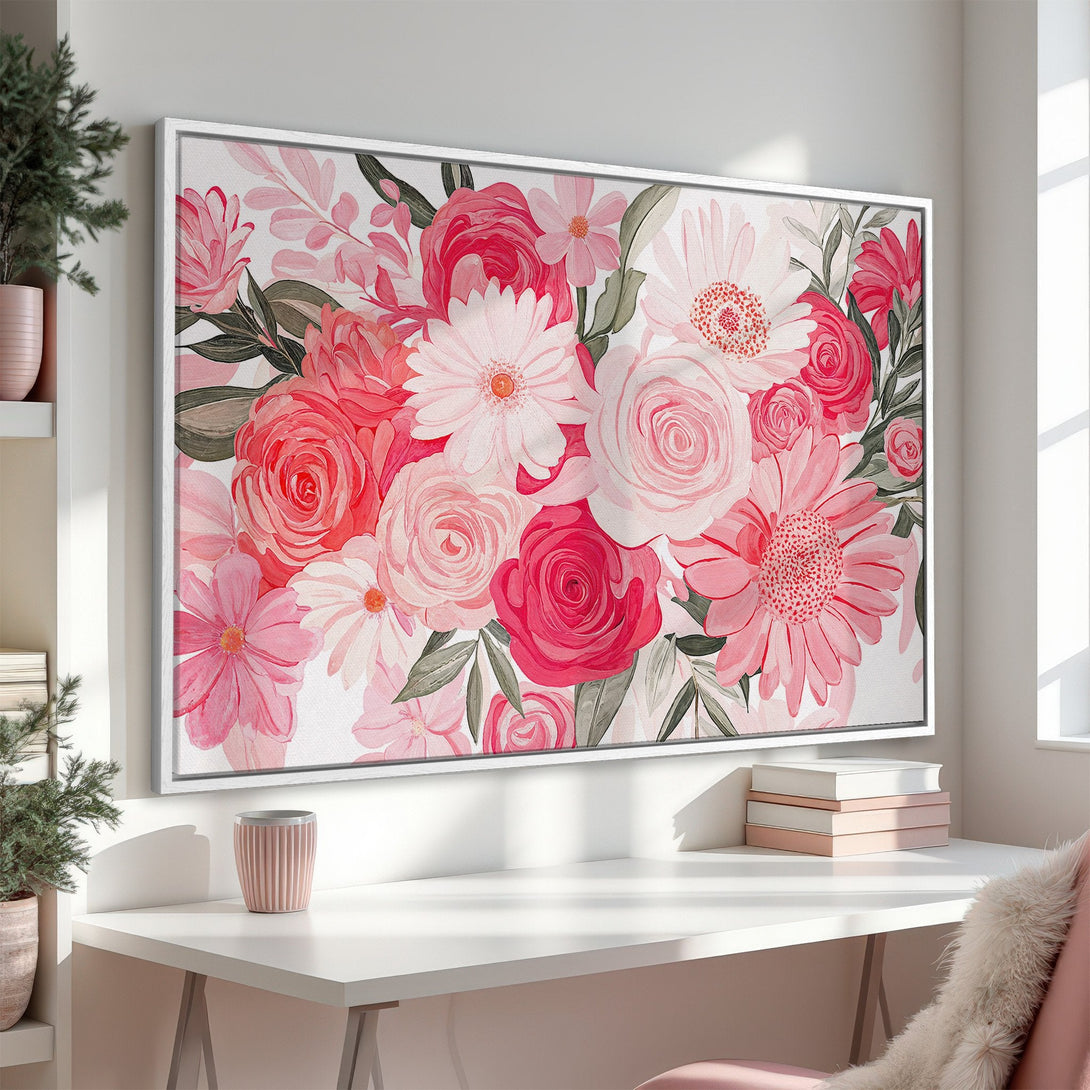 Canvas Print of a vibrant floral bouquet in watercolor style, featuring pink and red roses. Perfect wall art for a feminine touch!