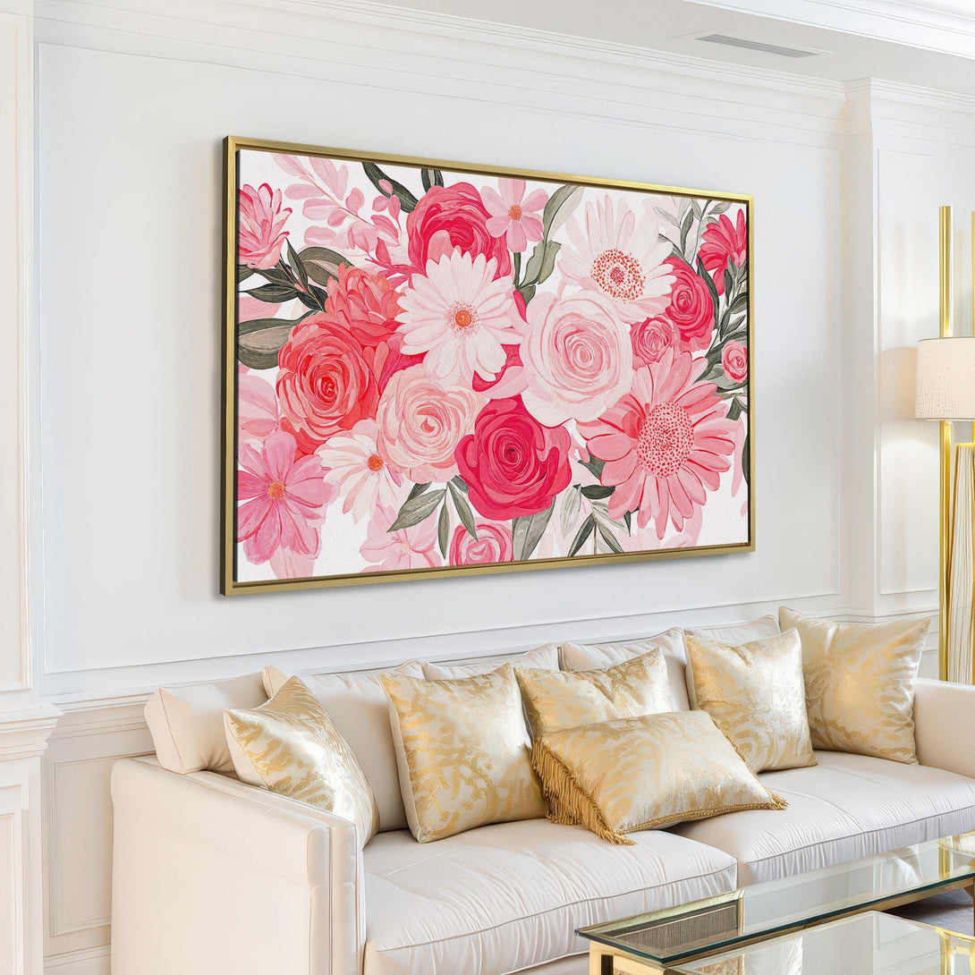 Canvas Print of watercolor floral bouquet in pink and red hues, perfect for adding a touch of elegance to any space.