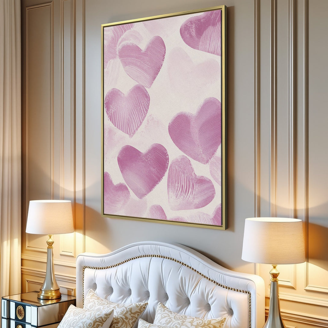 Canvas Print featuring abstract pink hearts, perfect for adding a touch of love to your home decor. Soft, romantic color palette.