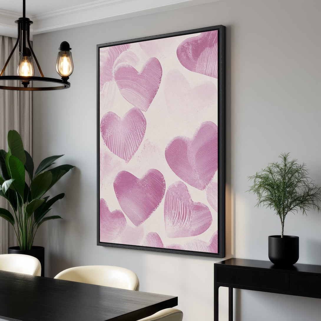 Framed Wall Art featuring abstract pink hearts on canvas. Modern art in a neutral interior, perfect for adding a touch of love and style to your home.