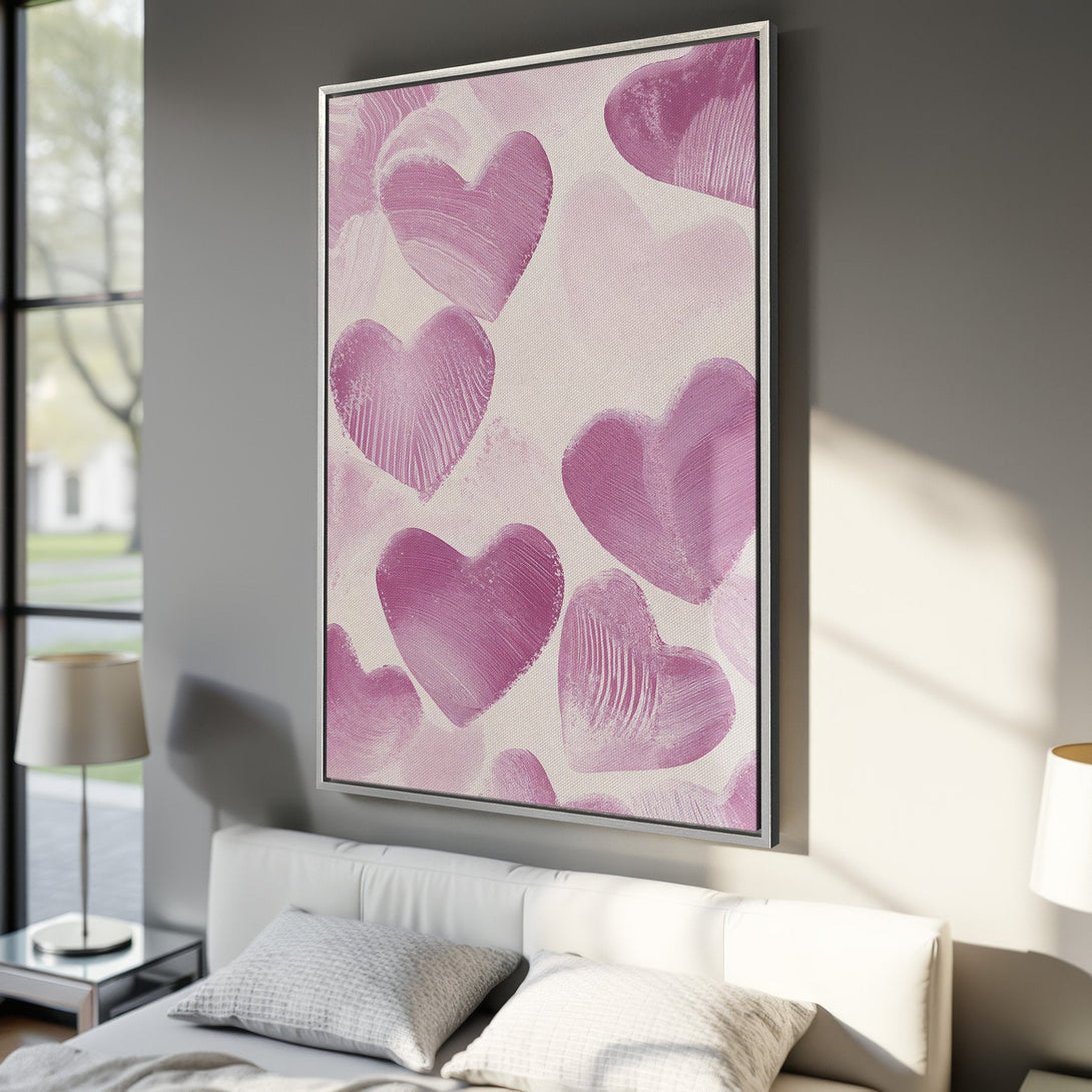 Framed Wall Art: Abstract heart design in shades of pink. Modern canvas print adds a romantic touch to any interior. Perfect for bedroom decor!