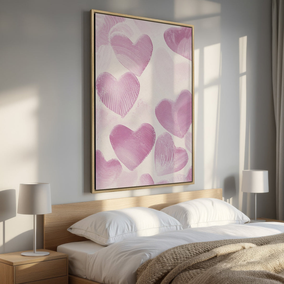 Framed Wall Art featuring abstract pink hearts, perfect for bedroom decor. Modern style with a soft, romantic color palette. Add love to your space!