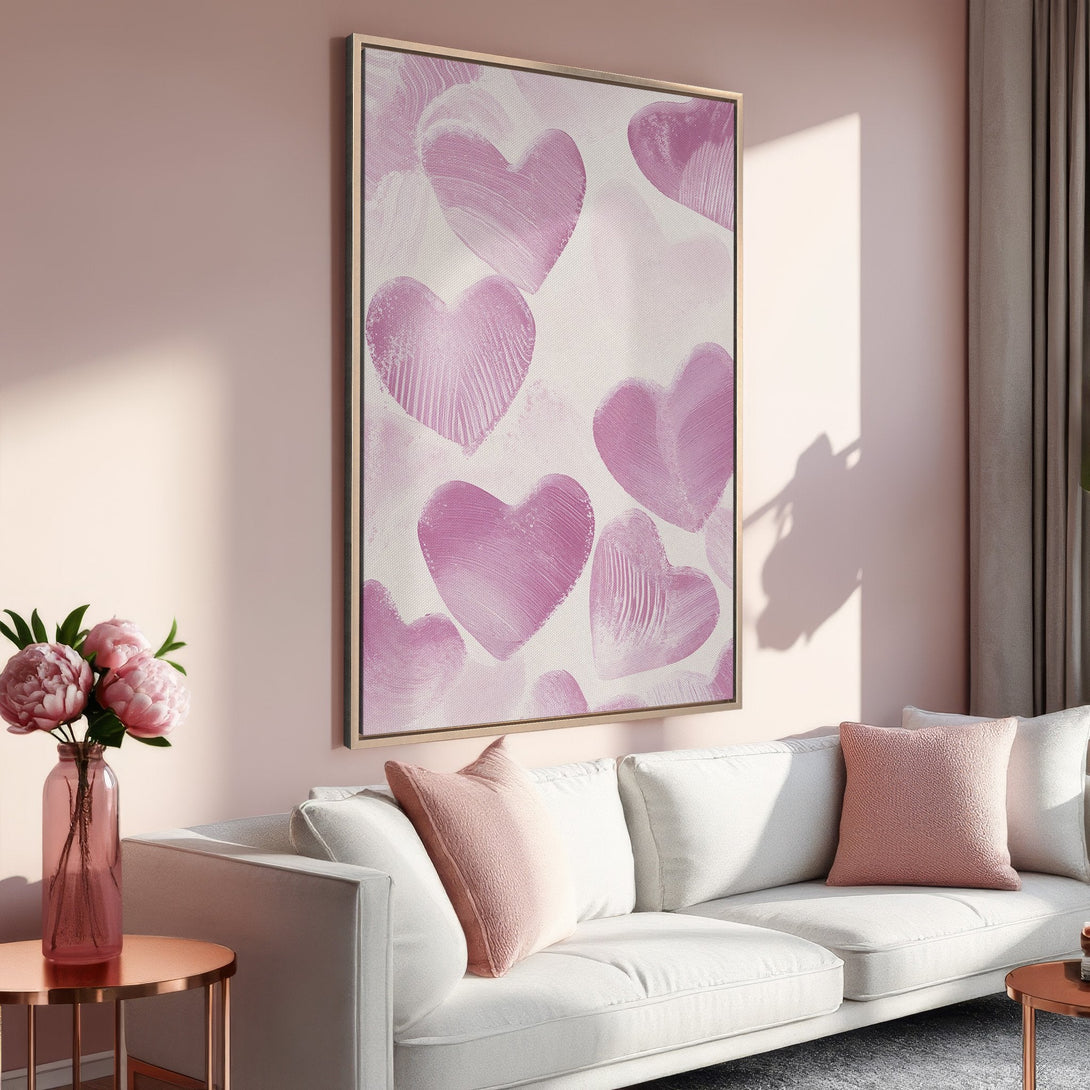 Framed Wall Art featuring abstract pink hearts. Modern art canvas print in a blush and white color palette, perfect for adding a touch of love to any space.