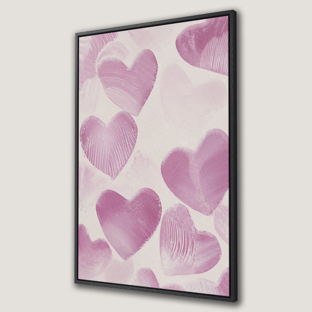 Framed Wall Art featuring abstract pink hearts on canvas. Modern, romantic artwork in a soft pink and cream color palette. Perfect for adding love to your space!