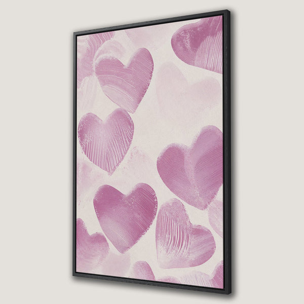 Framed Wall Art featuring abstract pink hearts on canvas. Modern, romantic artwork in a soft pink and cream color palette. Perfect for adding love to your space!