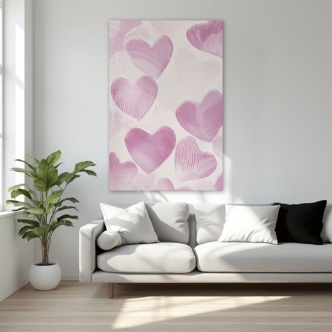 Framed Wall Art: Abstract heart canvas print in pink and white, perfect for bedroom decor. Modern art with a romantic touch.