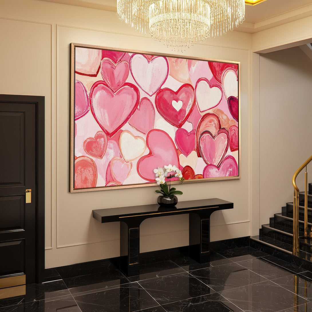 Framed Wall Art: Abstract heart painting in pink and red hues. Modern art for your home. Add love and style to any space!