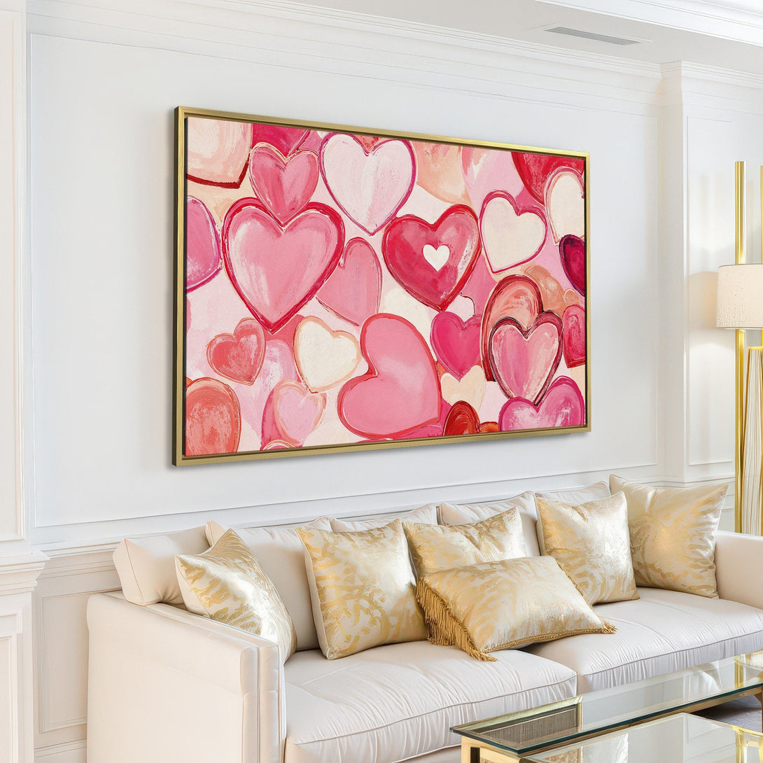 Canvas Print featuring a romantic heart design in pink and red hues, perfect for adding love and warmth to any living room.