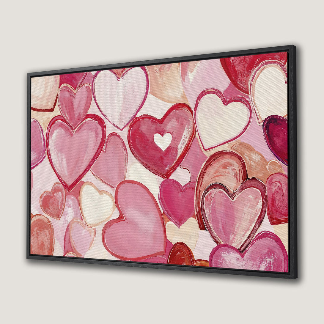 Framed Wall Art featuring a romantic heart design in shades of pink and red. Perfect for adding love and warmth to your space.